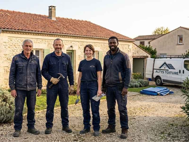 L’équipe d’Altys Toiture Le Taillan-Médoc devant son fourgon, outils à la main, après une intervention au Taillan-Médoc