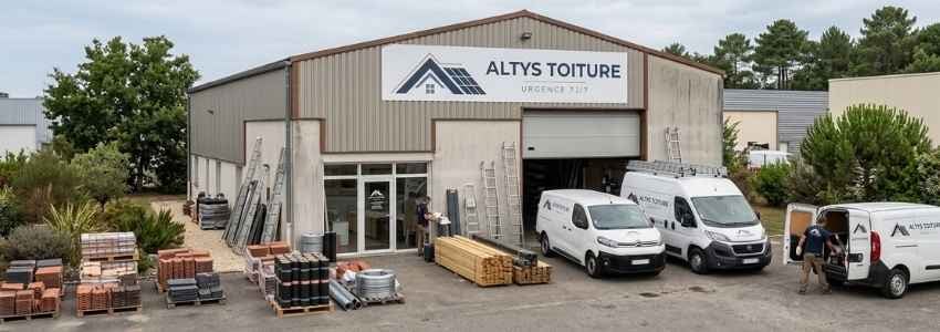 Le local d’Altys Toiture Le Taillan-Médoc : entrepôt logoté, fourgons, échelles et stock de tuiles et de liteaux